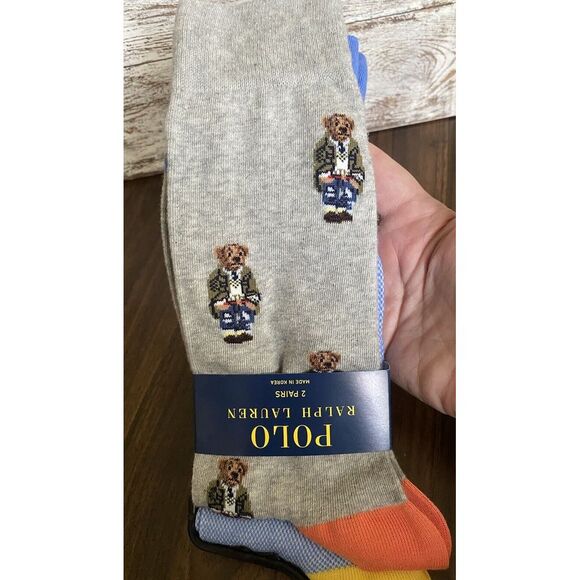 NWT‎ Polo Ralph Lauren Gray All Over Bear & Blue Solid Cotton Blend Socks 2-Pack - Picture 3 of 7